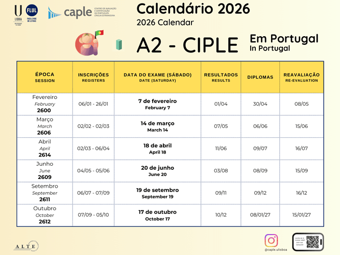 A2 CIPLE Calendar Portugal Only 2026